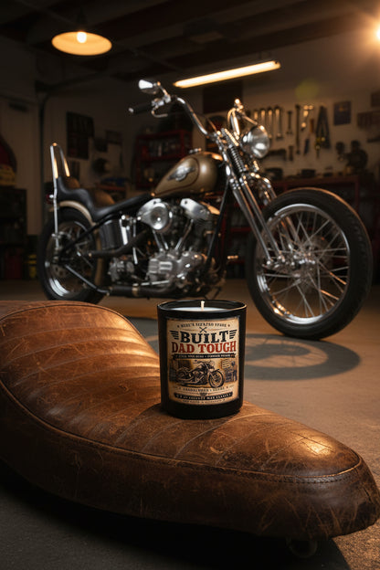 
Built Dad Tough sandalwood suede candle sitting on a leather motorcycle seat in a classic garage with a chopper in the background