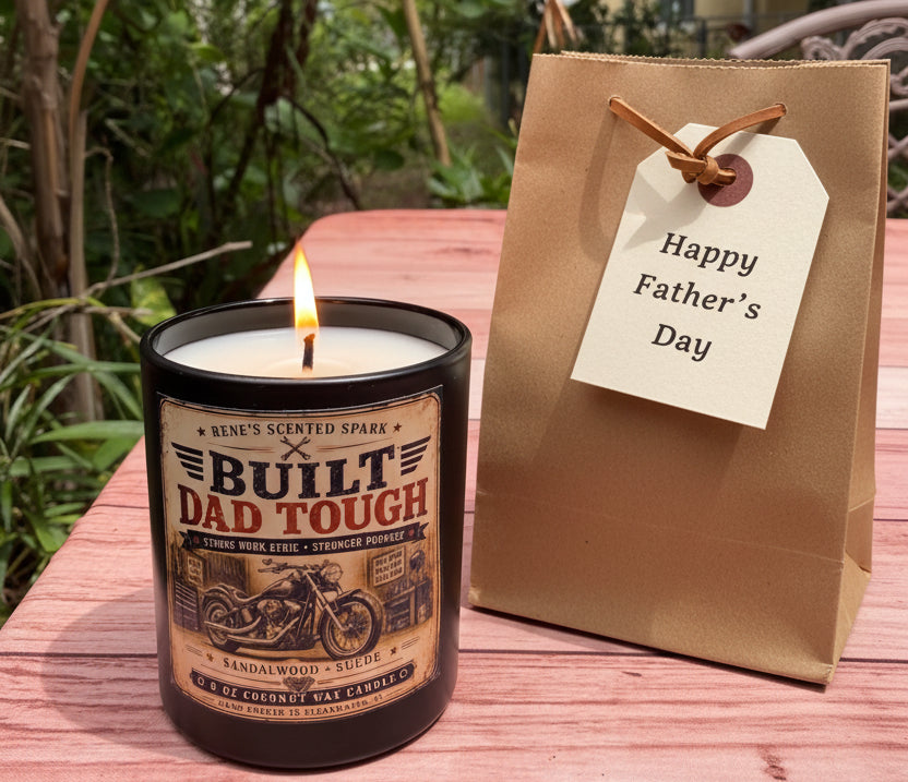 Built Dad Tough Father's Day candle styled in a kraft paper gift bag with Happy Father's Day tag in warm natural light