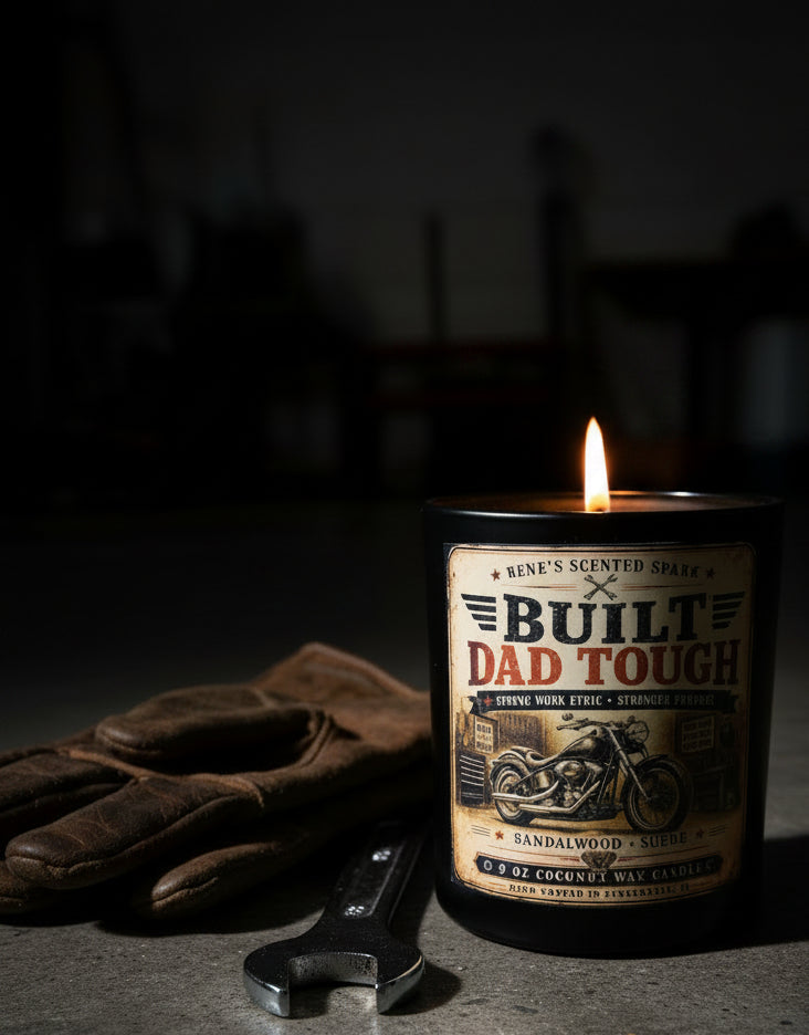 Built Dad Tough candle with vintage label displayed in dramatic dark lighting with leather and chrome accents nearby