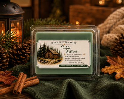 Cabin Retreat scented wax melts by Renes Scented Spark in green wax, styled with pinecones, evergreen branches, cinnamon sticks and autumn leaves in a cozy rustic cabin setting.