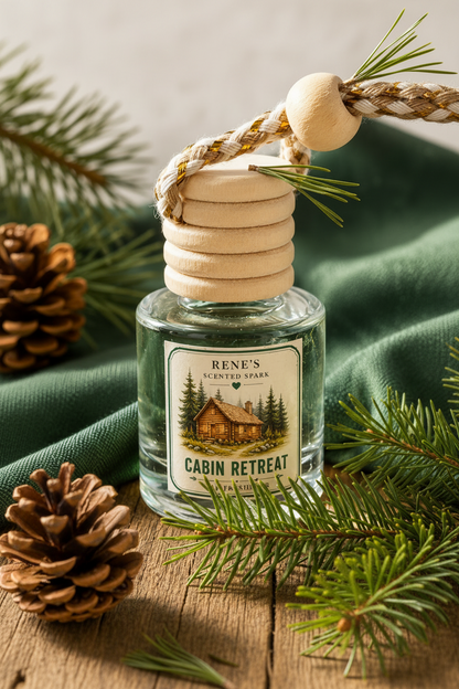 Cabin Retreat hanging car freshener by Renes Scented Spark styled with fresh pine branches, pinecones, rustic wood and deep green fabric.