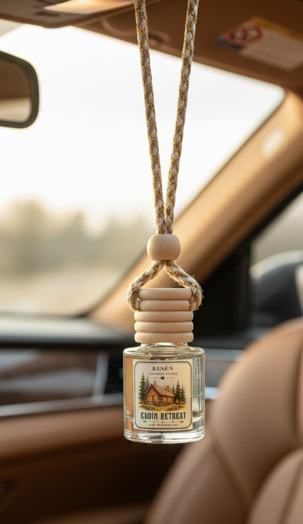 Cabin Retreat hanging car freshener by Renes Scented Spark displayed from a rearview mirror inside a warm tan car interior.