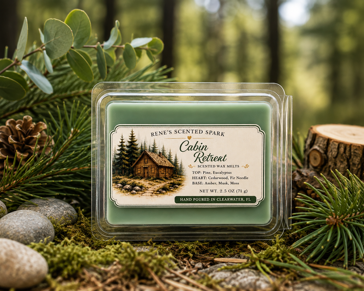 Cabin Retreat 2.5 oz green wax melts surrounded by pine, eucalyptus, moss and pinecones in a peaceful woodland setting.