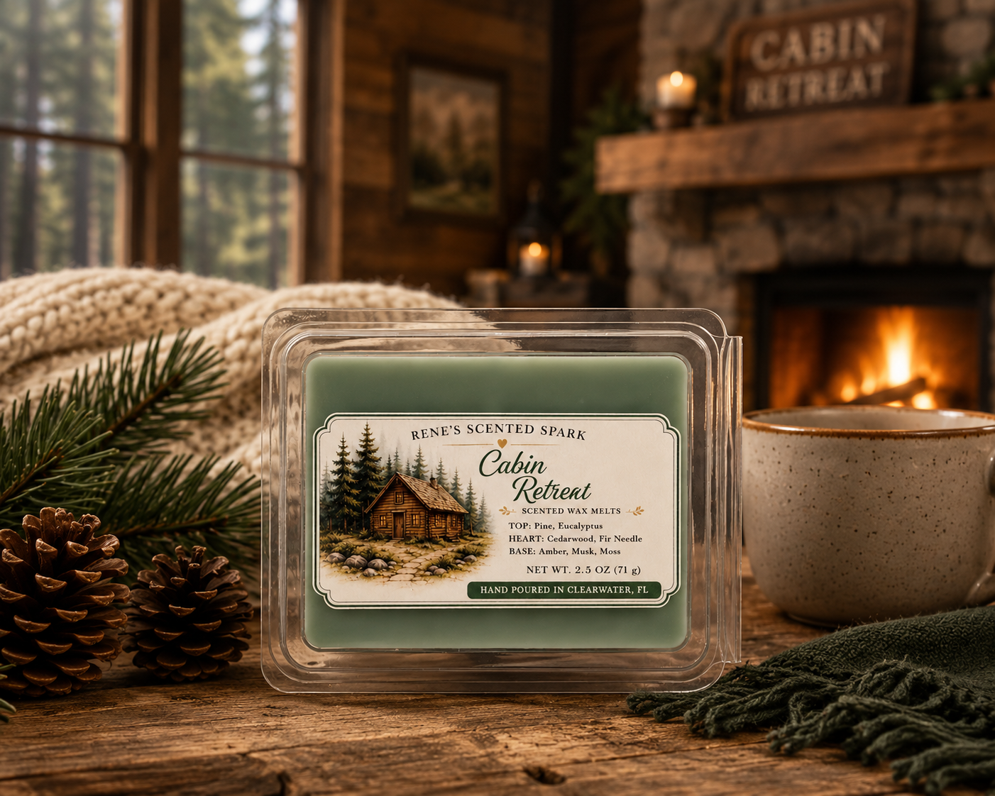 Cabin Retreat 2.5 oz green wax melts with pinecones and evergreen branches in a cozy cabin setting with a fireplace.
