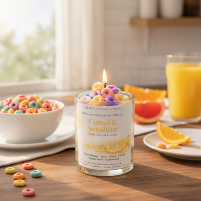 Candle labeled 'Cereal & Sunshine' with colorful cereal pieces on top, placed on a surface with a light background.