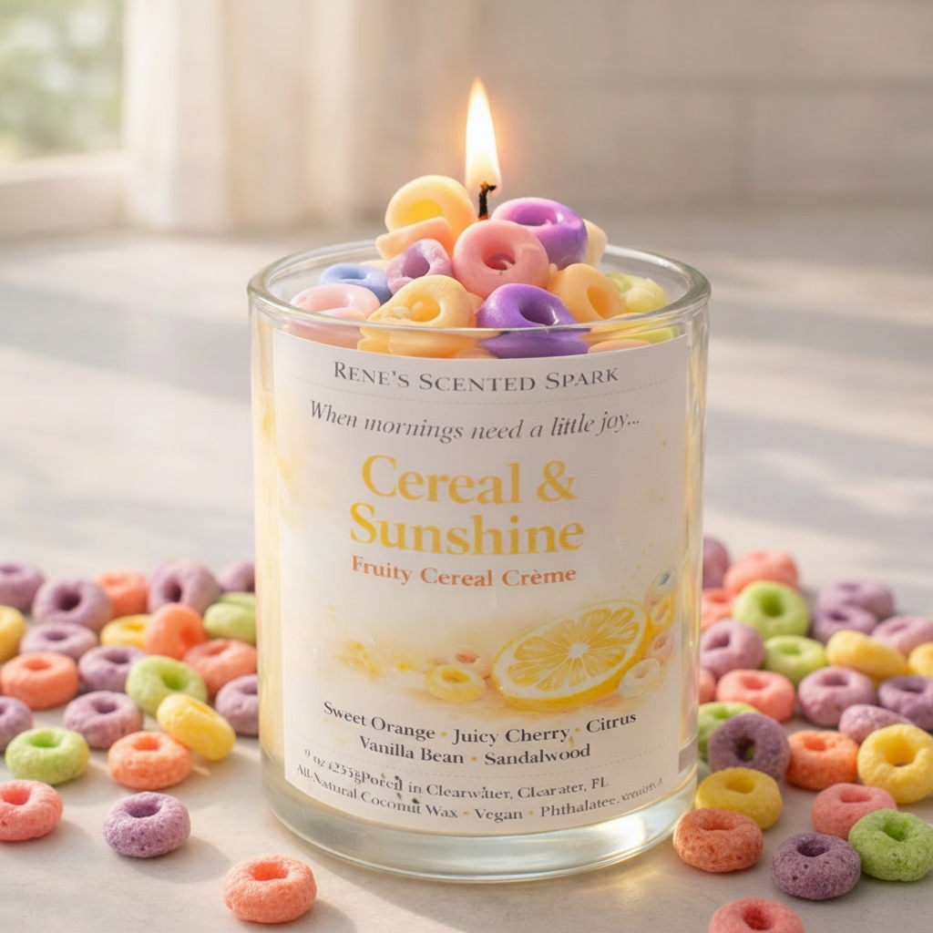 Candle labeled 'Cereal & Sunshine' with colorful cereal pieces on top, placed on a surface with a light background with cereal on the table