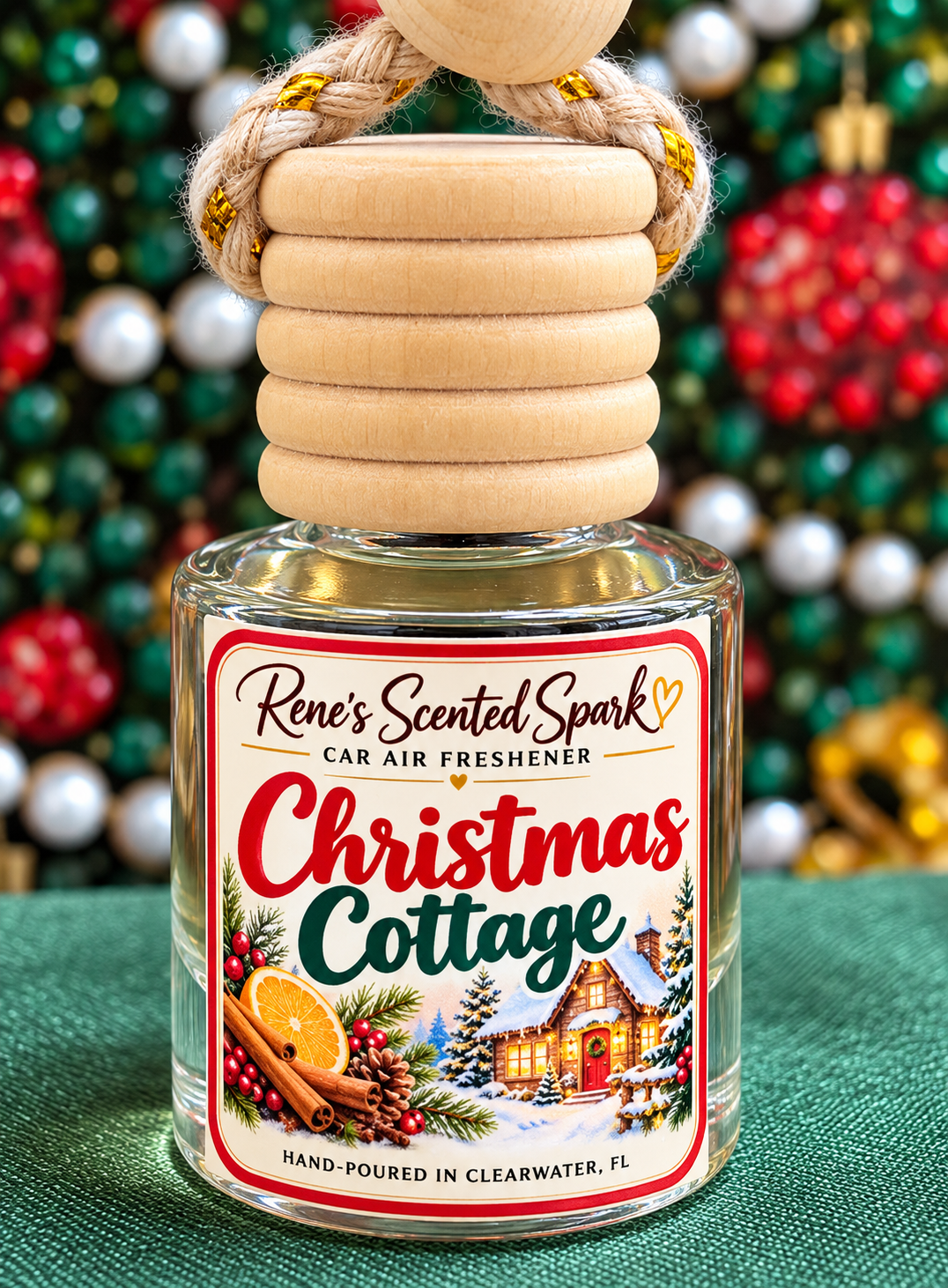 Christmas Cottage car air freshener by Rene's Scented Spark with a sparkly Christmas background