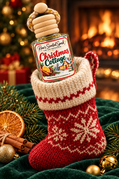Christmas Cottage car freshener peeking out of a red and cream knit stocking with pine, cinnamon sticks and orange slice