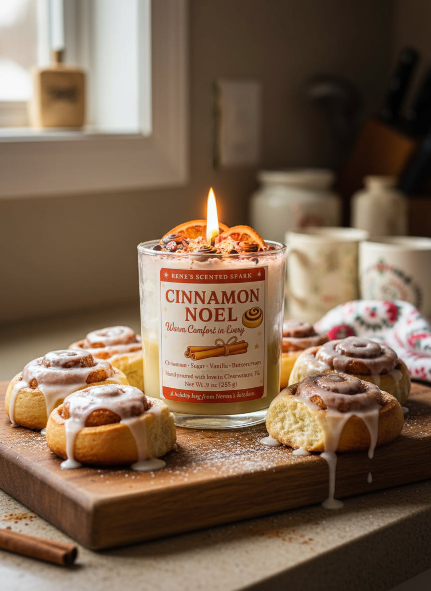 Cinnamon Noel candle with cinnamon roll decorations and festive  label, hand-poured by René’s Scented Spark in Clearwater, FL.
