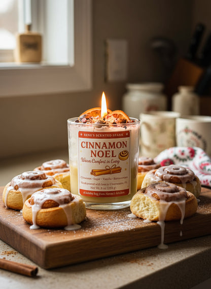 Cinnamon Noel candle with cinnamon roll decorations and festive  label, hand-poured by René’s Scented Spark in Clearwater, FL.