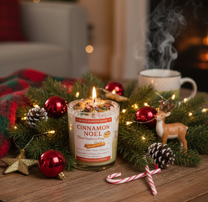 Cinnamon Noel candle with cinnamon roll decorations and festive  label, hand-poured by René’s Scented Spark in Clearwater, FL.