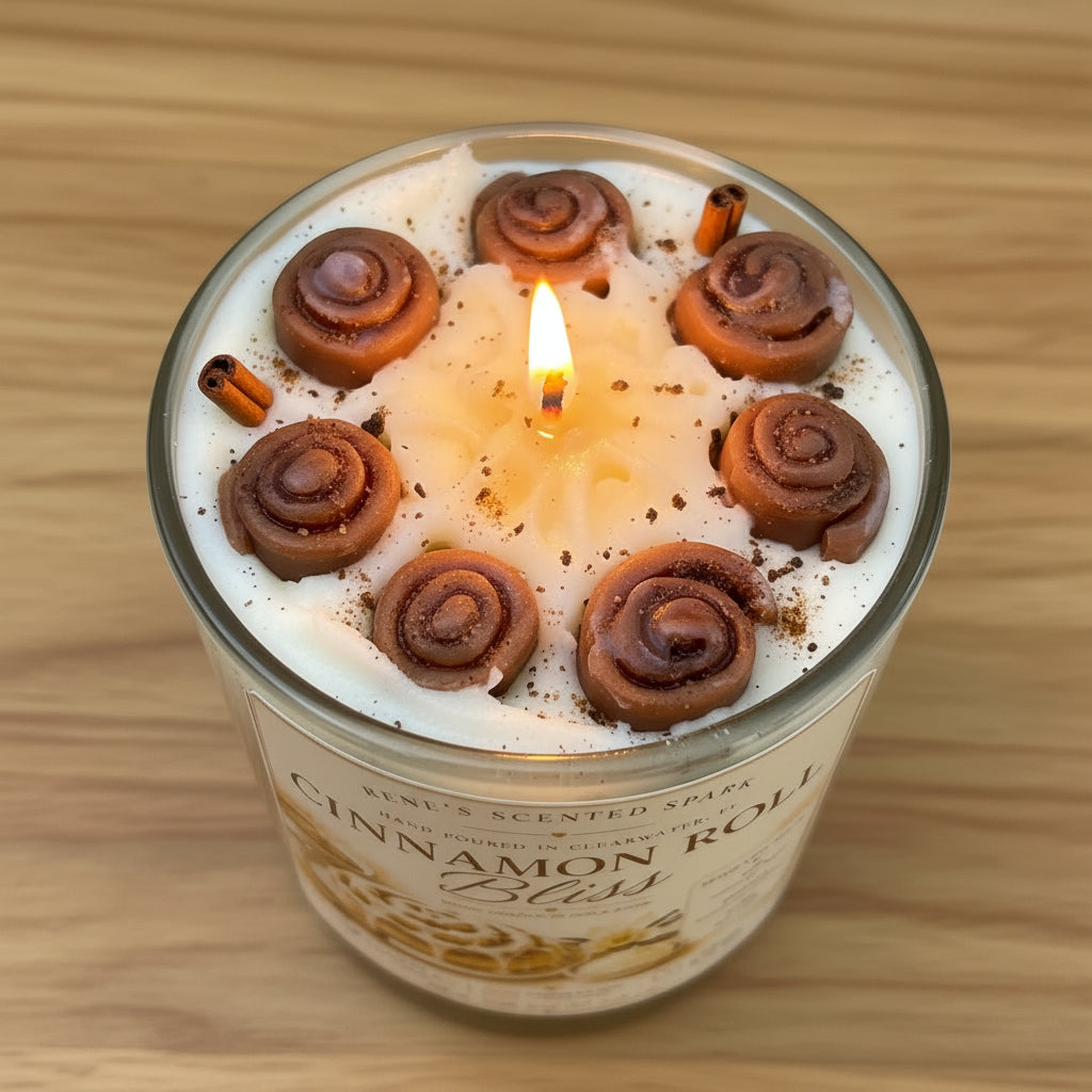 Candle labeled 'Cinnamon Roll Bliss' by Rene's Scented Spark on a wooden surface.