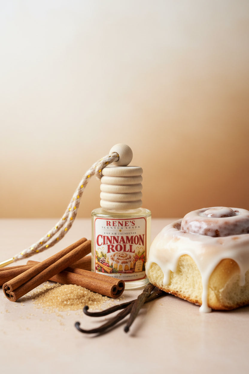 Cinnamon Roll hanging car air freshener by Rene’s Scented Spark displayed beside a frosted cinnamon roll with cinnamon sticks, brown sugar, and vanilla beans against a warm neutral background. 🤎