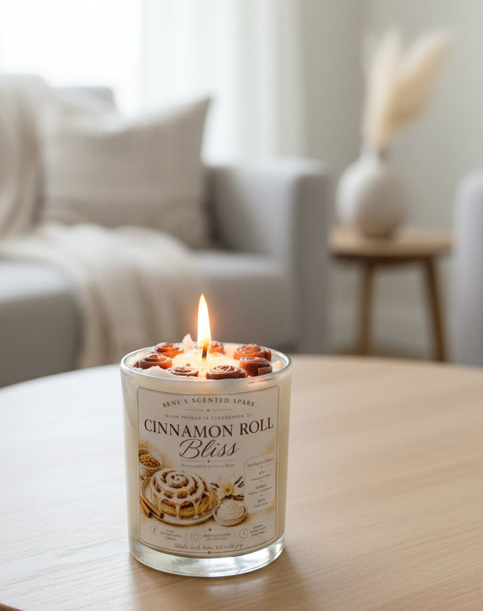 Candle in a tin labeled 'Cinnamon Roll Bliss' in a living room setting