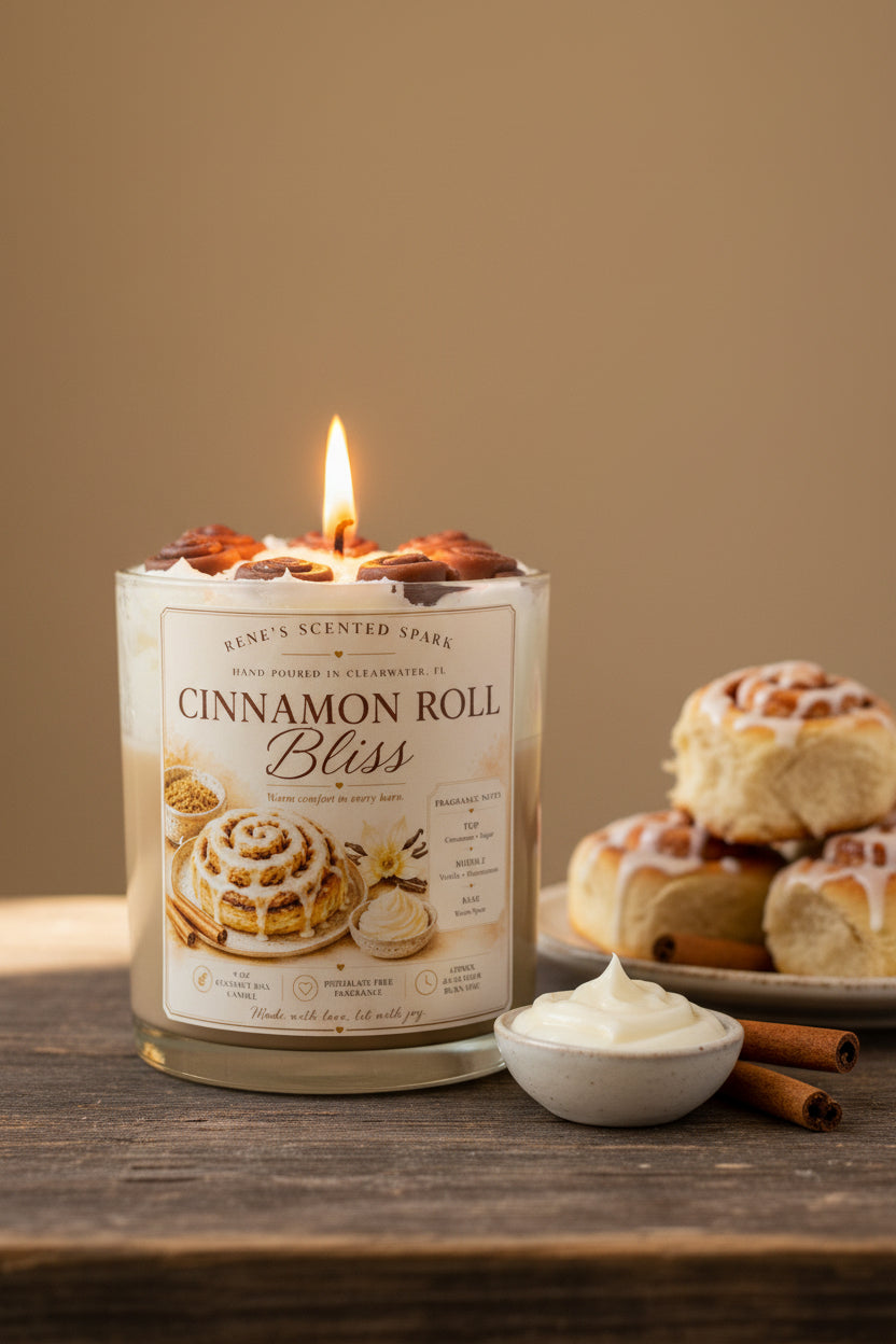 Candle labeled 'Cinnamon Roll Bliss' by Rene's Scented Spark on a wooden surface.