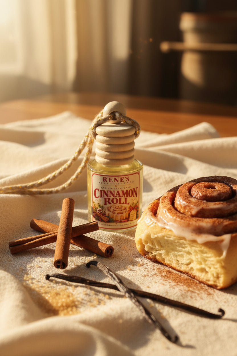 Cinnamon Roll hanging car air freshener by Rene’s Scented Spark displayed beside a freshly baked frosted cinnamon roll with cinnamon sticks, vanilla beans, and brown sugar in warm golden sunlight. 🤎