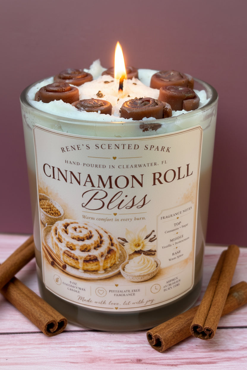 Candle labeled 'Cinnamon Roll Bliss' with cinnamon roll design on a pink background