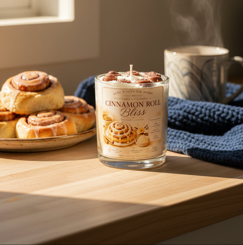 A 9 oz clear glass cinnamon roll candle jar with a warm label sits styled on a cozy kitchen counter. A plate of fresh cinnamon rolls, a warm knit blanket and a mug of coffee surround it.