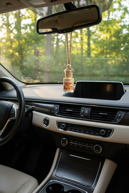 Cinnamon Roll hanging car air freshener by Rene’s Scented Spark suspended from a rearview mirror inside a clean modern car with warm sunlight and green trees outside. 🚗🤎
