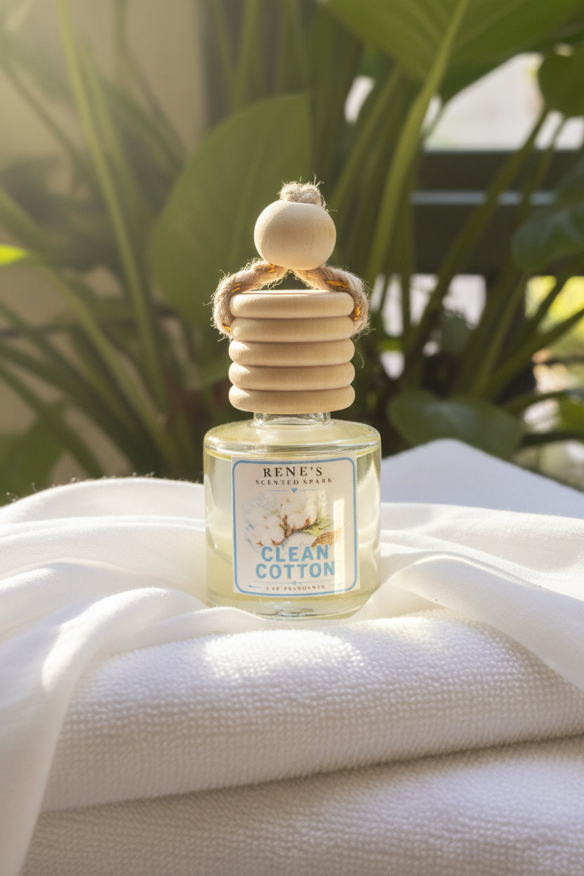 Clean Cotton hanging car air freshener by Rene’s Scented Spark displayed on soft white folded linen in warm sunlight with green tropical leaves in the background.