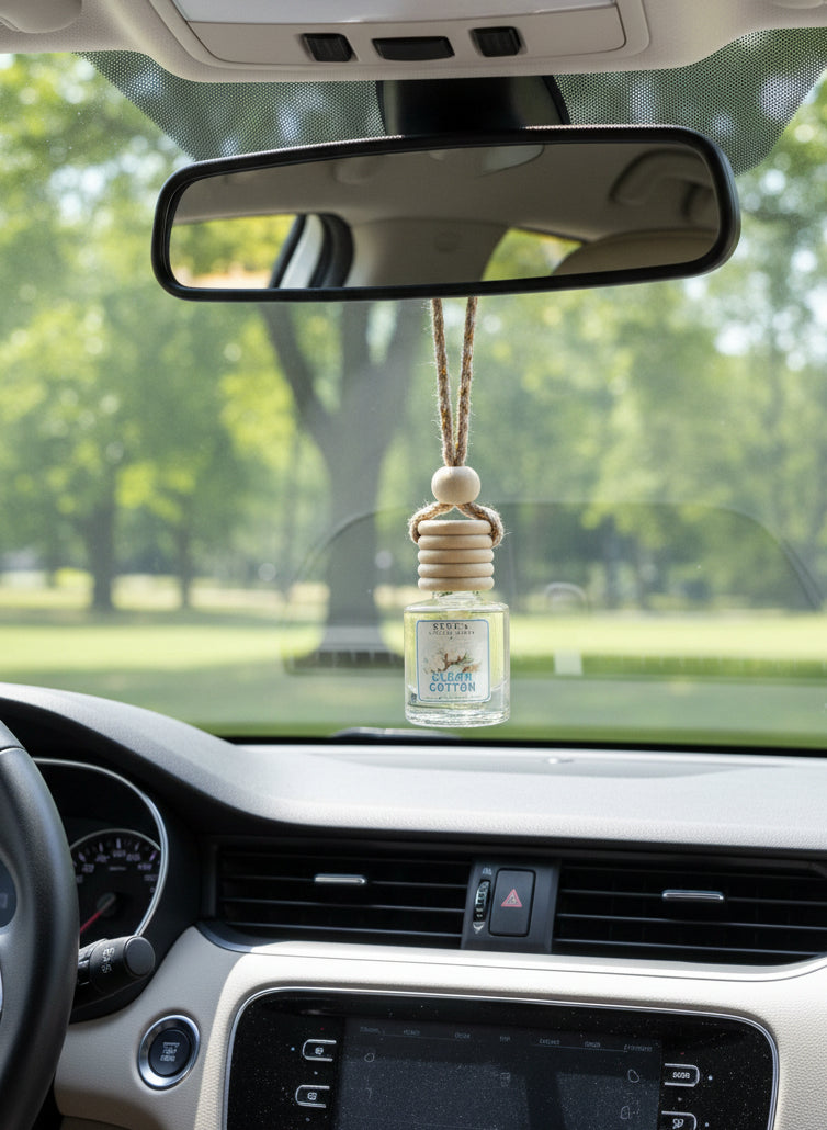 Clean Cotton hanging car air freshener by Rene’s Scented Spark suspended from a rearview mirror inside a clean car with a sunny green outdoor view through the windshield.