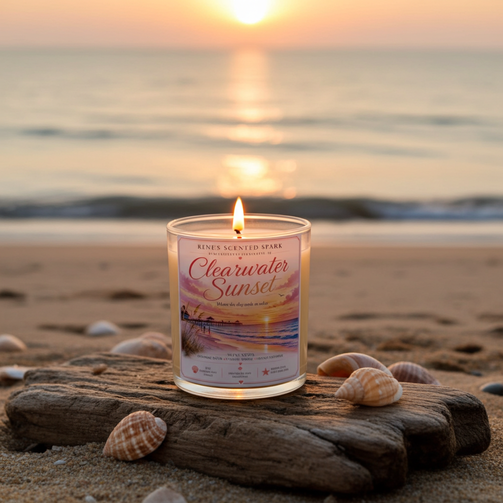 Candle labeled 'Clearwater Sunset' on a beach with sunset in the background