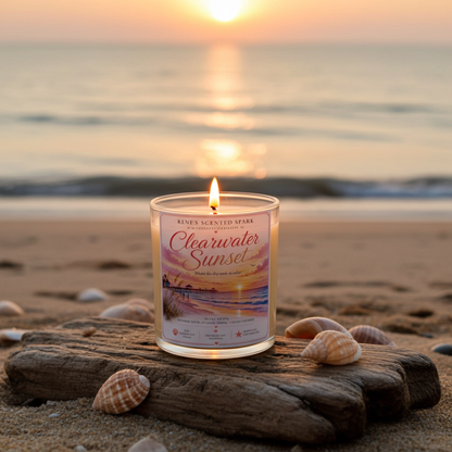 Candle labeled 'Clearwater Sunset' on a beach with sunset in the background