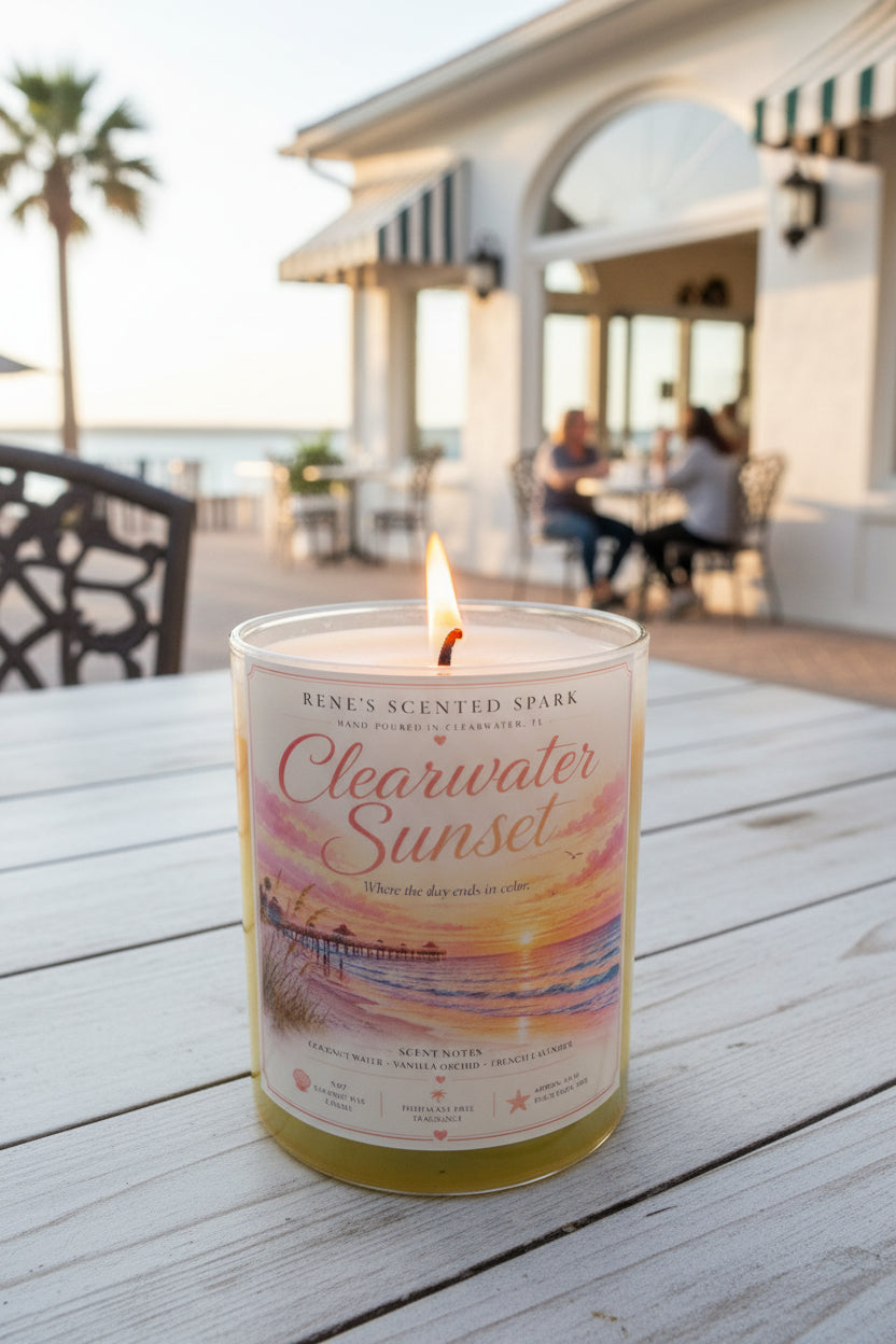 Lit Clearwater Sunset hand-poured coconut wax candle displayed on an outdoor patio overlooking the water at sunset. Coastal-inspired candle with a tranquil beach design by Rene's Scented Spark