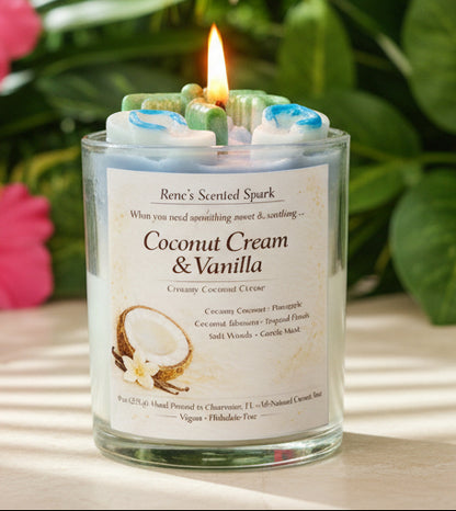 Coconut Cream & Vanilla' with a tropical  background
