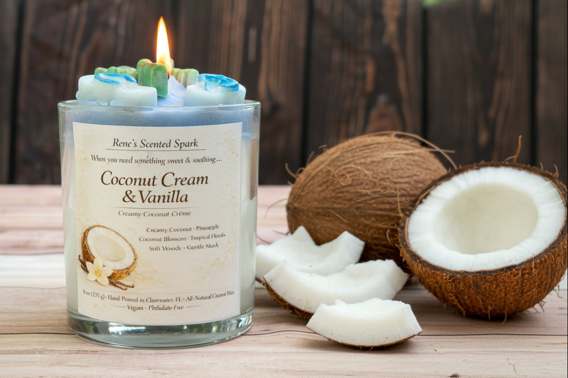 Coconut cream and vanilla candle with whipped wax topping, lit in glass jar beside fresh coconut halves