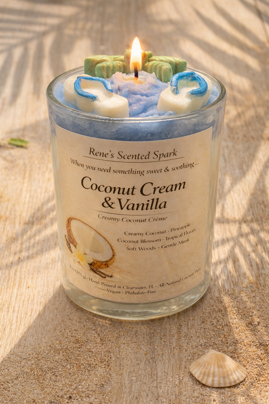 Candle labeled 'Coconut Cream & Vanilla' on a sandy background