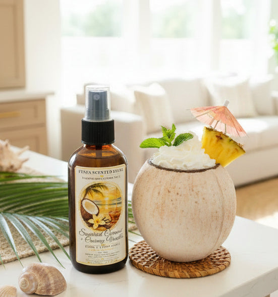 Sugared Coconut & Creamy Vanilla room spray by Rene’s Scented Spark in an amber spray bottle, styled beside a coconut drink with pineapple, mint, tropical palm leaves, and seashells in a bright coastal setting.