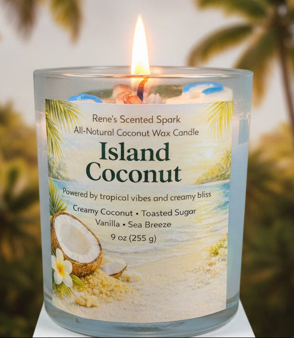 Candle labeled 'Island Coconut' with a label featuring coconut imagery on a light blue background with flip flop molds and a palm tree
