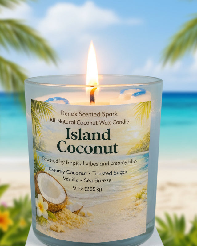 Candle labeled 'Island Coconut' with a label featuring coconut imagery on a light blue background with flip flop molds and a palm tree