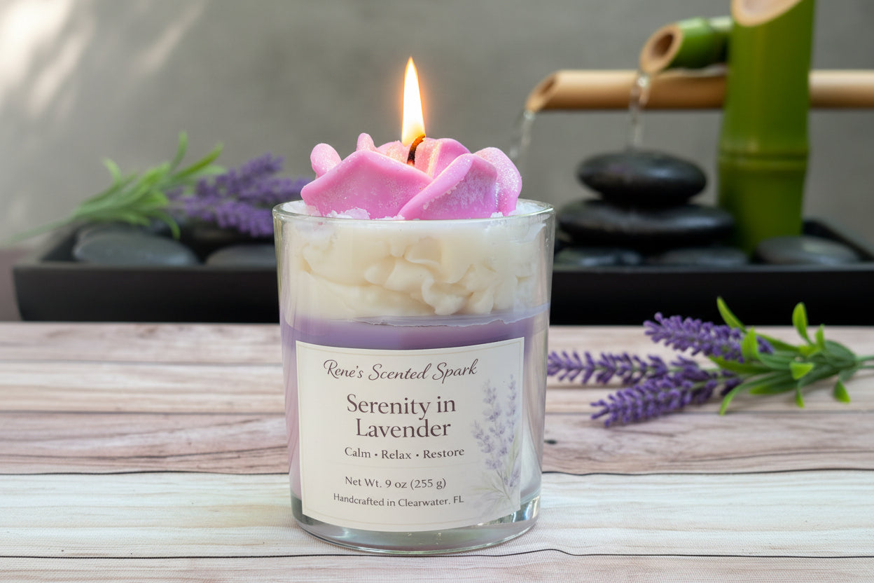 Serenity in Lavender coconut wax candle with pink rose top, lavender sprigs and spa fountain background