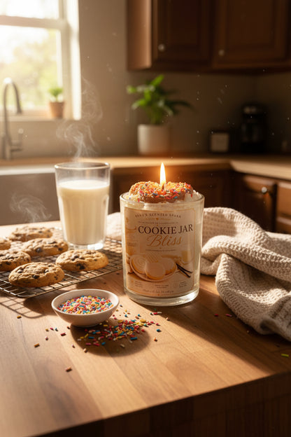 Cookie jar bliss a  9 oz clear glass cookie candle jar with a warm label sits styled on a cozy kitchen counter. Fresh baked cookies on a cooling rack, a glass of milk, rainbow sprinkles and a warm knit kitchen towel surround it.