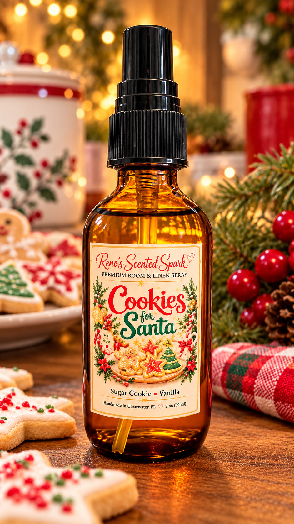 Cookies for Santa sugar cookie and vanilla room spray on a holiday table with frosted Christmas cookies and ornaments