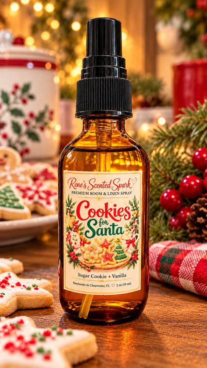 Cookies for Santa sugar cookie and vanilla room spray on a holiday table with frosted Christmas cookies and ornaments