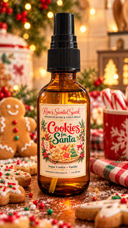 Cookies for Santa 2 oz holiday room spray surrounded by gingerbread men, frosted cookies and candy canes, handmade in Clearwater FL