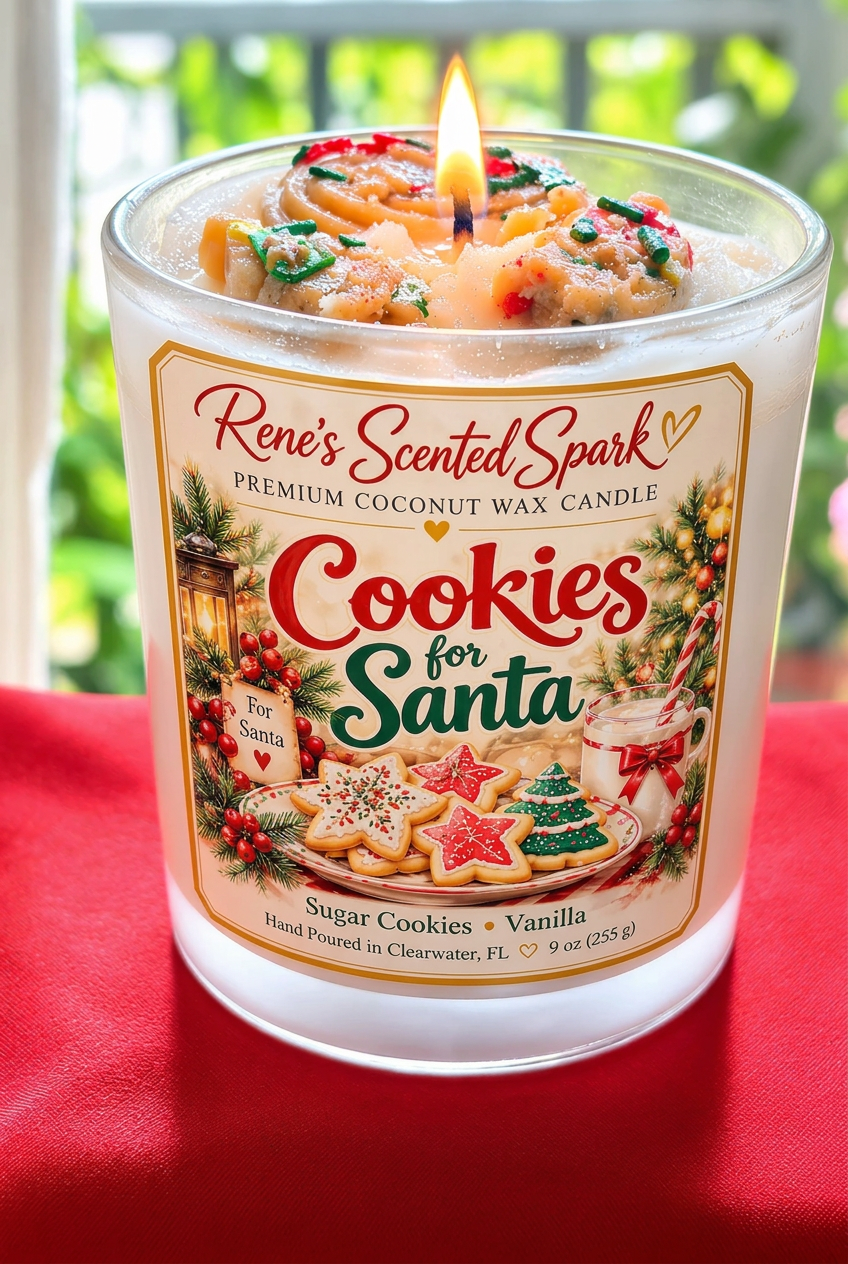 Cookies for Santa Christmas candle with sugar cookie topper and festive sprinkles, 9 oz coconut wax