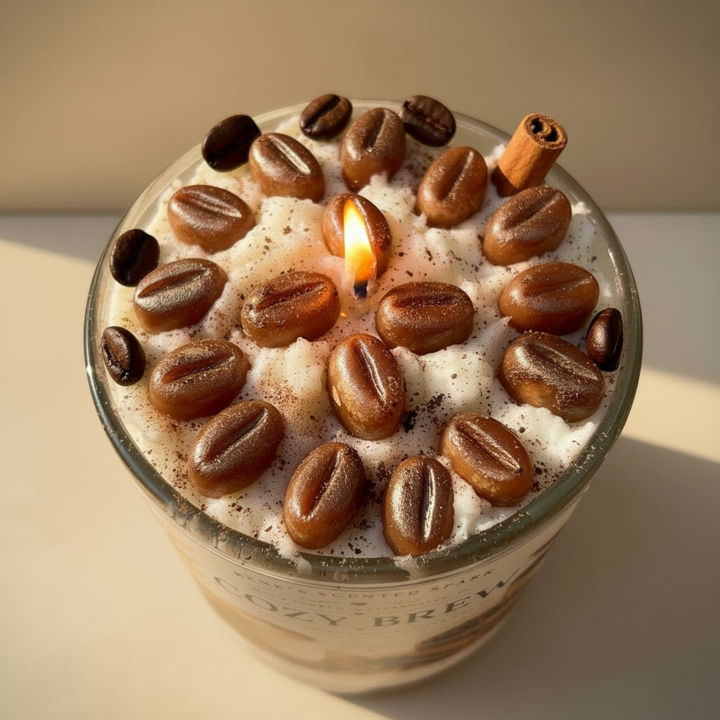 Cozy Brew candle with decorative coffee beans on a textured surface
