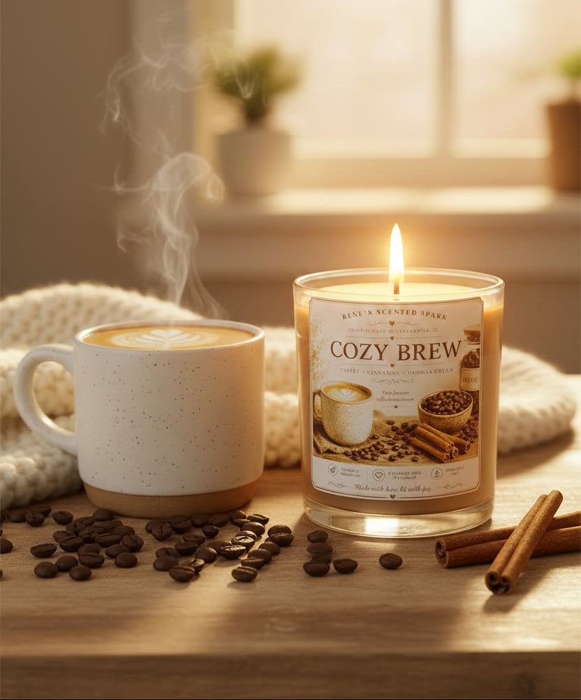 Candle labeled 'Cozy Brew' with coffee cup, beans, and cinnamon on a wooden surface