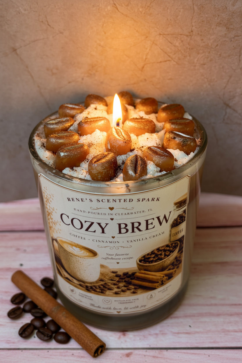 Candle labeled 'Cozy Brew' with coffee beans and a cinnamon stick on a wooden surface.