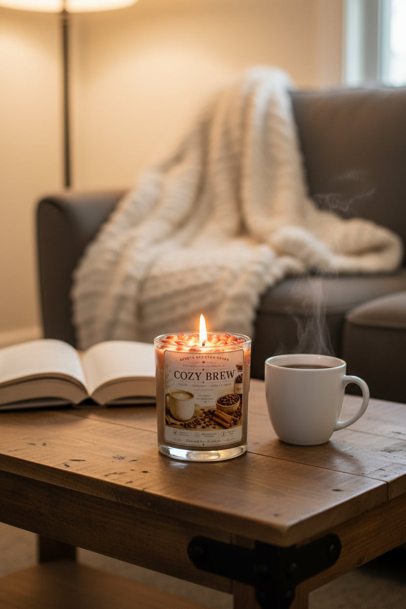 Lit Cozy Brew coconut wax candle by Rene's Scented Spark displayed beside a steaming cup of coffee and an open book on a rustic coffee table in a cozy living room.