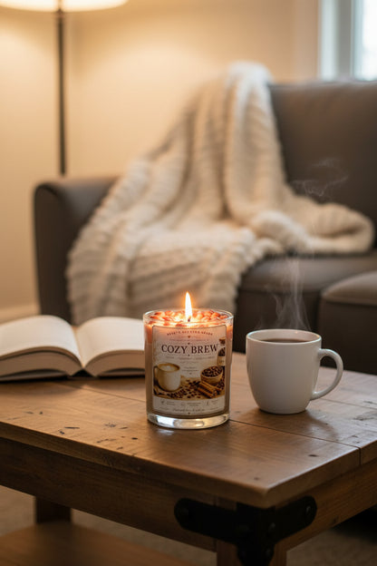 Lit Cozy Brew coconut wax candle by Rene's Scented Spark displayed beside a steaming cup of coffee and an open book on a rustic coffee table in a cozy living room.