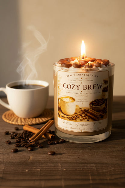 Candle labeled 'Cozy Brew' with coffee cup, beans, and cinnamon on a wooden surface