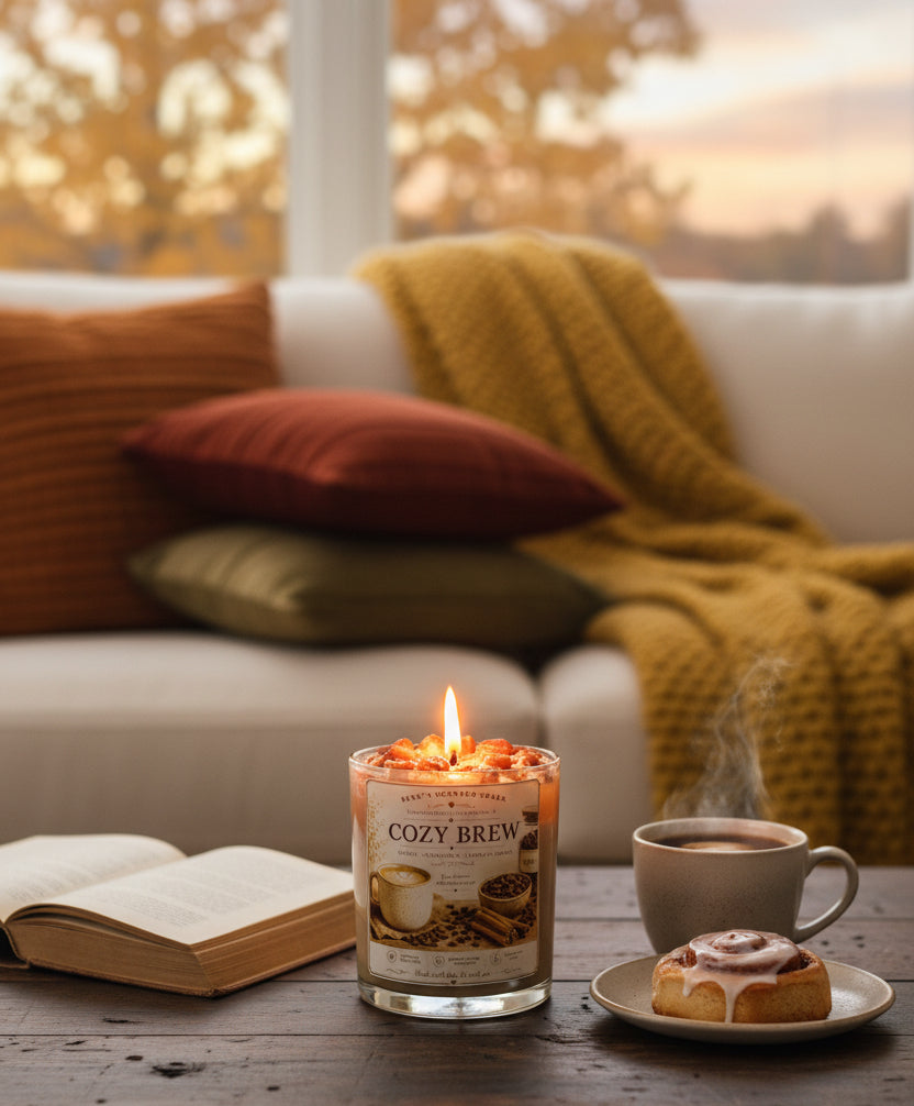 Lit Cozy Brew coconut wax candle by Rene's Scented Spark displayed beside a steaming cup of coffee, cinnamon roll, and open book on a rustic table in a cozy living room with warm autumn décor.