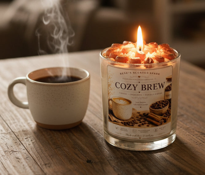 Lit Cozy Brew coconut wax candle by Rene's Scented Spark with a coffee bean wax topper, displayed beside a steaming cup of coffee on a rustic wooden table.