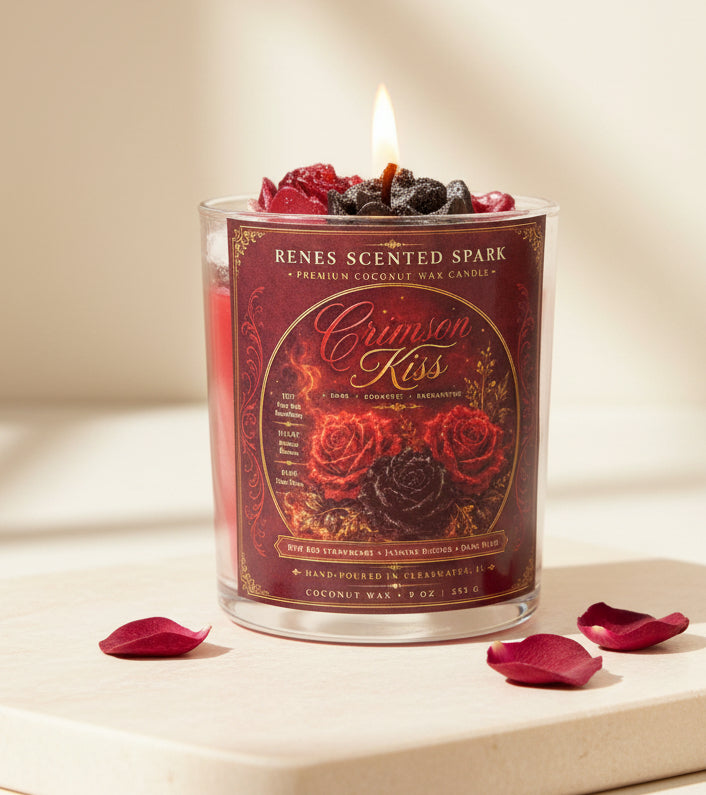 Crimson Kiss coconut wax candle with deep red and black rose wax toppers, displayed on a cream surface with scattered burgundy rose petals.