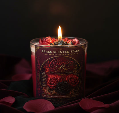 Crimson Kiss coconut wax candle glowing against a dark background on burgundy velvet, with crimson and black rose wax toppers and scattered rose petals.